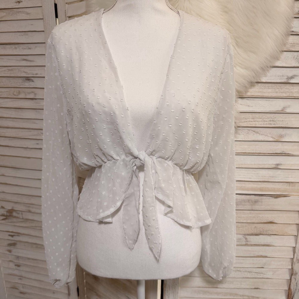 Tie-Front Swiss Dot Crop Top - White